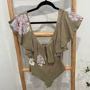 Free People Floral Ruffle Bodysuit